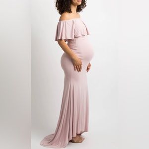 Pink Blush Light Purple Ruffle Off Shoulder Mermaid Maternity  Dress